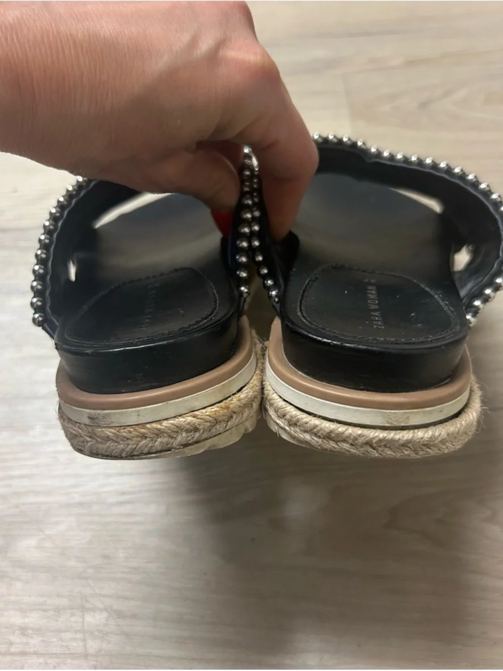 Zara Sandals Black Silver Studded Cross Strap Slides Women 6.5 Open Toe Slip On - Picture 9 of 12